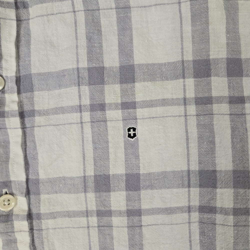 Victorinox shirt Mens Large Gray White Plaid Linen Blend Button Up Preppy Casual - Picture 5 of 10